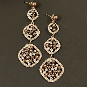 Vintage Designer Gold Dark Pearl & Swarovski Crystal Long Drop Earrings